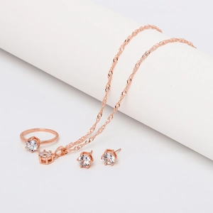 Classic rose gold jewelry set with round zircon necklace, earrings, and ring for women