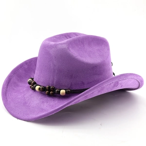 Classic purple suede cowboy hat with ethnic style wooden beaded band for women and men