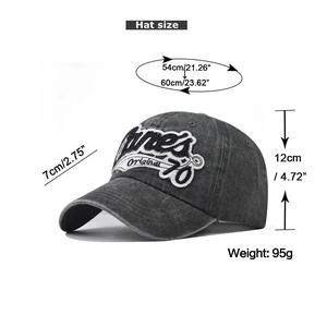 Detailed size specifications for the washed vintage baseball cap with embroidery