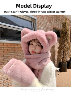 Detail of pink 3-in-1 bear ear plush hat scarf and gloves set for winter warmth