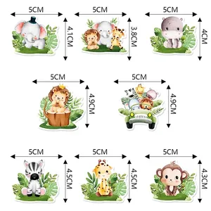 Jungle animal party confetti size chart showing dimensions for lion elephant and giraffe
