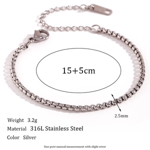 Silver 2.5mm square box chain bracelet in 316L stainless steel with lobster clasp