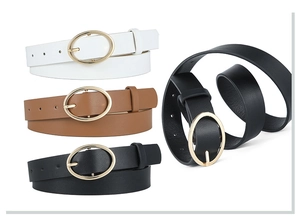 Detail view of stylish leopard PU leather belts with gold buckles in white, brown, and black