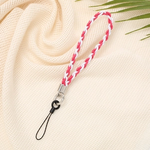 Minimalist red and white braided wrist strap with metal clasp for mobile phones