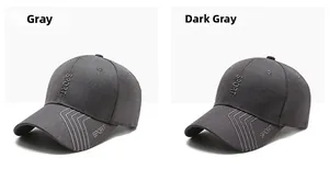 Detail view of sport baseball caps in grey and dark grey with embroidery and curved lines