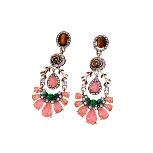 Vintage floral drop earrings with rhinestones and colorful crystals on white background