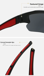 Detail view of durable hinges and red anti-slip curved temple tips for sport sunglasses