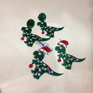 Dinosaur Earrings With 925 Sterling Silver Earring Post Acrylic Glitter Green Christmas Hat Festive Jewelry For Women