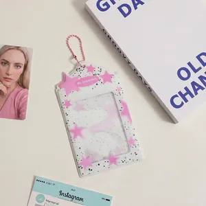 Close-up of pink star pattern card holder with beaded chain for 3-inch photo cards