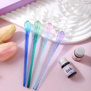 Elegant 4-piece gradient glass dip pen set with spiral texture and colorful ink bottles