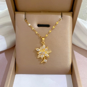Elegant Zircon Flower Pendant Necklace Titanium Steel Flat Link Chain Gold Color Jewelry For Women