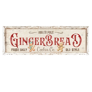 Festive Christmas wooden gingerbread cookie co hanging sign with white distressed frame
