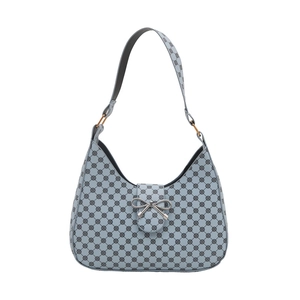 Light blue crescent hobo bag with geometric floral prints and silver bow buckle