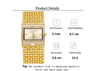 Detail showing square watch dimensions: 3.1cm dial diameter and 0.7cm case thickness