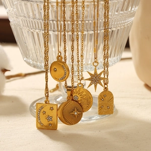 Pendant Necklace 18K Gold Plated Stainless Steel Star Moon Sun Zircon Inlaid Elegant Fashion Jewelry For Women Gift