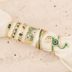 Green Enamel Zircon Heart Snake Flower Cross Open Rings Adjustable Copper Fashion Jewelry For Women Elegant