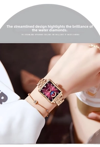 Detailed close-up of a rose gold square watch featuring a moon phase display and crystal dial
