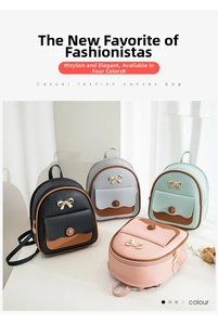 Matrix display of mini backpacks in four colors with a gold metal bow on smooth leather
