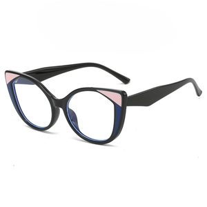 Chic cat-eye glasses frame with pink and blue color-blocking on black TR material