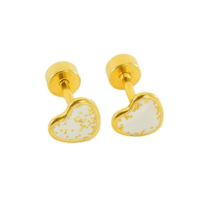Detail of heart-shaped titanium steel earrings with white enamel and screw-back closure