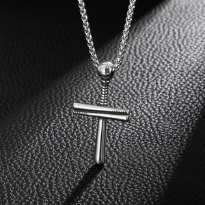 Polished silver stainless steel baseball bat pendant with box chain on dark leather