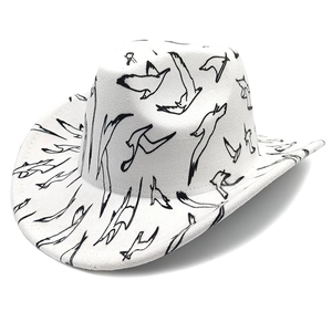 White western cowboy hat with black seagull print and classic wide brim style