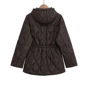 Women's dark brown quilted hooded jacket with waist drawstring and wave stitching