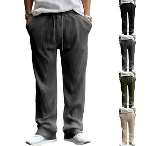Men Casual Wide Leg Pants Ribbed Jacquard Textured Straight Trousers Drawstring Elastic Waist For Men