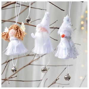 Three-piece set of white tassel angel, Santa and snowman hanging ornaments with metal bells