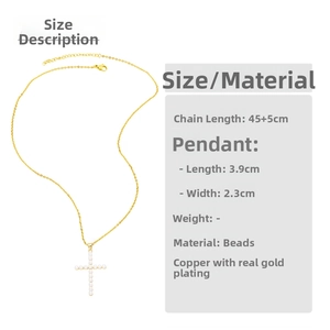Detail of gold-plated cross necklace with white pearls and size specifications