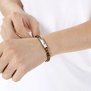 Tiger eye natural stone beaded bracelet for men with premium stainless steel clasp