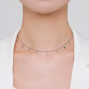 Elegant S925 sterling silver necklace with colorful round zircon charms for women