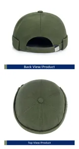 Detail of army green docker cap featuring adjustable metal buckle and side embroidery