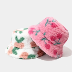 Furry bucket hats with cute floral prints in white and pink soft plush material