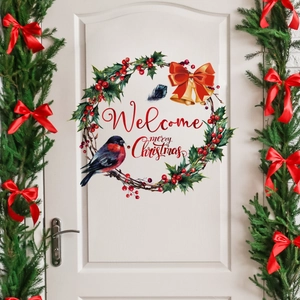 Christmas Wall Sticker Wreath Robin Bow Bell PVC Self Adhesive Merry Christmas Festive Home Door Decoration