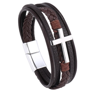 Multilayer braided leather bracelet for men featuring a metal cross and magnetic clasp