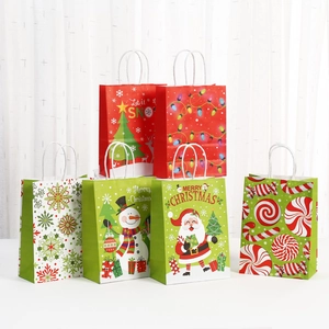 Christmas Gift Bags Kraft Paper Handheld Cartoon Printed Holiday Party Candy Packaging Bag