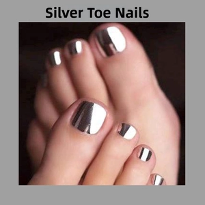 Close-up of metallic silver mirror finish press-on toenails for professional pedicure