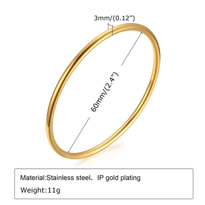 Detail showing 3mm width and 60mm diameter measurements of golden stainless steel bangle