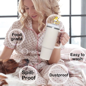 White tumbler with cute cartoon corgi straw cover, spill-proof and food grade quality