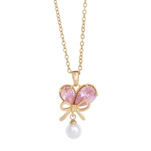Elegant gold necklace featuring a zircon butterfly pendant with pink stone and white pearl