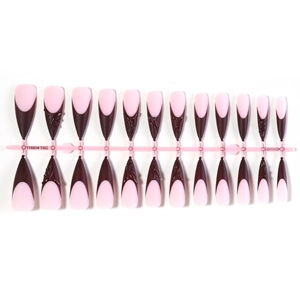 24-piece long almond press-on nails with deep red and pink French 3D wave texture