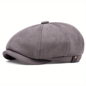 Vintage dark grey newsboy cap in faux suede texture with side metal rivet detail