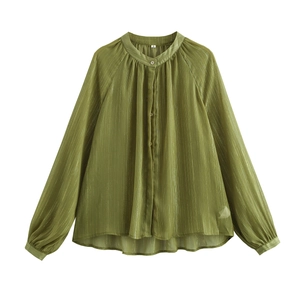 Women Long Sleeve Blouse Gold Metallic Stripe Chiffon Stand Collar Pleated Office Casual Elegant Loose Pullover Shirt Top