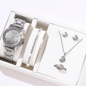 Silver quartz watch set with matching necklace, earrings, ring and tennis bracelet