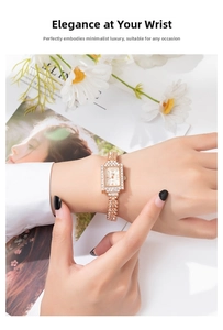 Close-up of elegant rose gold square watch with crystal accents on woman wrist