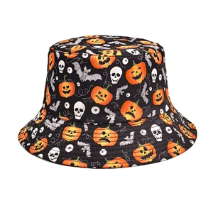 Halloween Bucket Hat Polyester Reversible Pumpkin Skull Bat Print Vintage Sun Shade Party Accessory For Adult