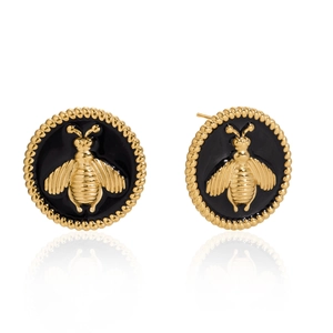 Boucles d'oreilles abeille rondes en acier inoxydable plaqué or 18K et émail noir