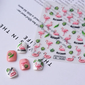 Autocollants 5D détaillés pour ongles avec flamants roses et feuilles de palmier
