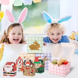 Children celebrating with 3D Christmas themed gift boxes and festive paper candy bags